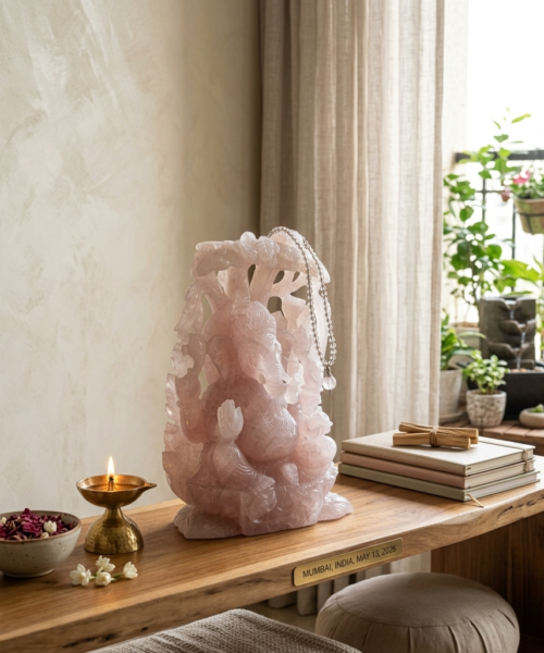 Rose Quartz Ganesha Under A Tree Canopy